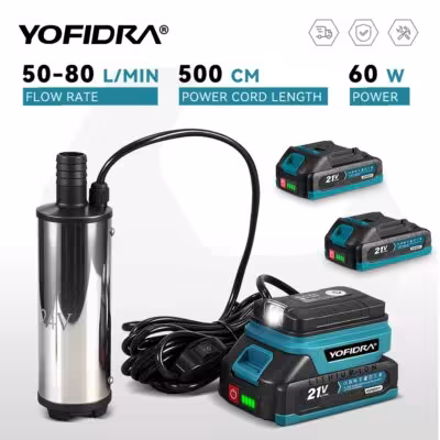 YOFIDRA 50-80L/min Electric Water Pump Cordless Submersible Drainage Pump Wastewater Treatment Tool For Makita 18V Battery Pin 1