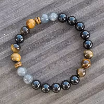 Natūralaus juodojo turmalino apyrankė su labradoritu ir tigro akimi, 8mm, unisex