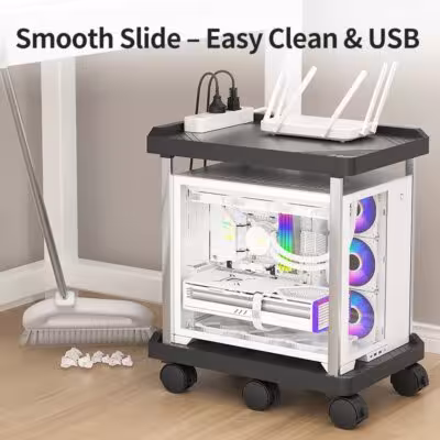Computer Tower Stand, Under Desk Storage Bracket, Dual-Layer Wheeled Base, Heightened & Cooling 1