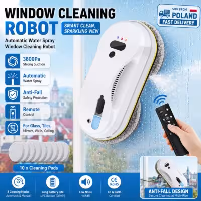 Automatic Water Spray Window Cleaning Robot, Ship From Poland Warehouse, 3800Pa Suction Remote Control Glass Washer, CE RoHS Certified EU Standard Anti-Fall Window Scraper For Polish Household Windows Wall Ceiling Mirror, Fast Local Delivery In Poland 1