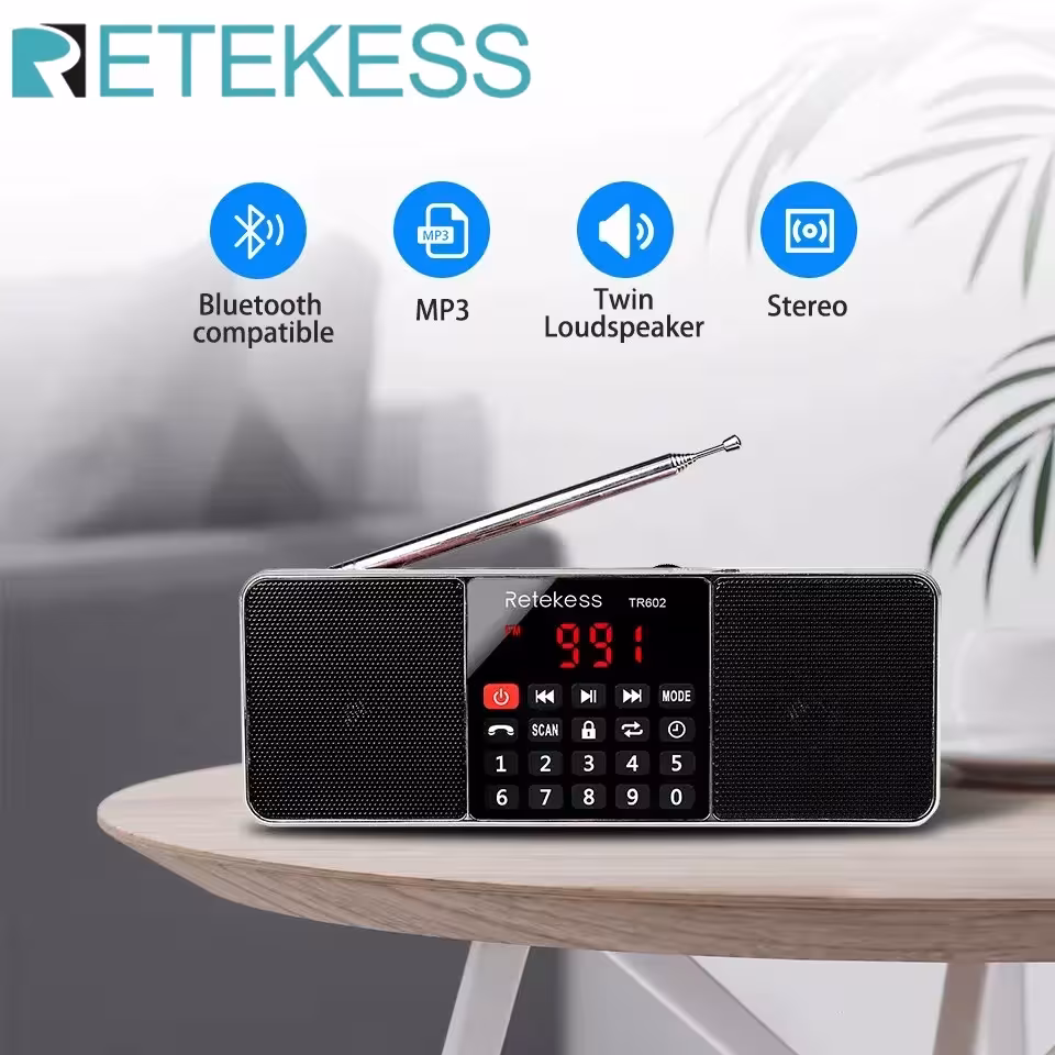 Retekess TR602 portable AM FM radio with Bluetooth speaker, MP3 player, and hands-free calling