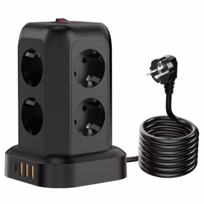 Power Extension Tower Socket, Type-G, 8 Schuko Outlets, 3 USB + 1 Type-C Port, 1.8M Extension Cord, Overload & Surge Protection, 1