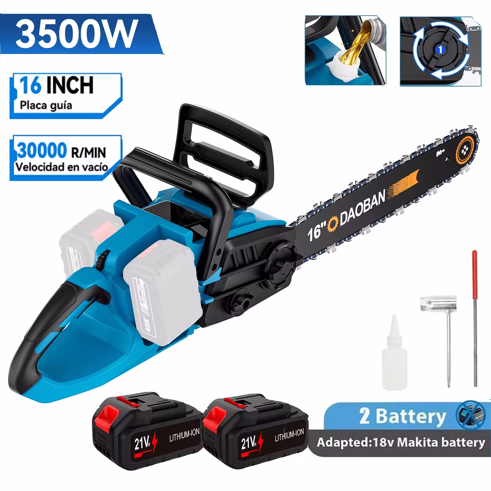 Scie à chaîne sans fil 3500W de 16 pouces, batterie, compatible avec les batteries Makita