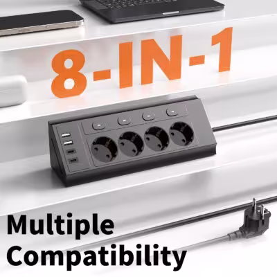 EU desktop corner power strip, a power strip with multiple switches independently controlling the outlets, extension cord power 1