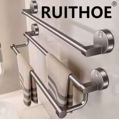 Suction Cup Bathroom Hand Towel Rack Holder Wall Mount No Drill 30/40/50cm Towel Bar Double Bar 2 Tier Apartment Space Saving 1