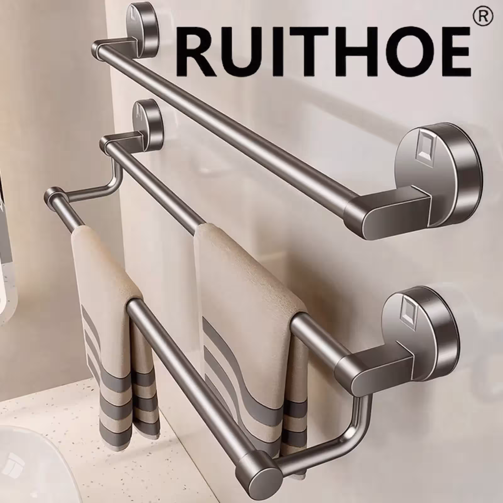 Bathroom towel holder with suction cup, no drilling required, double bar with 2 tiers
