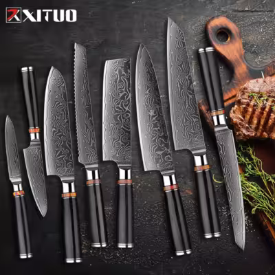 Professional Kitchen Knife Set (1-8 Piece) 67-Layer Damascus Steel Chef Knife, Santoku, Utility, Bread, Cleaver, Paring Knife 1