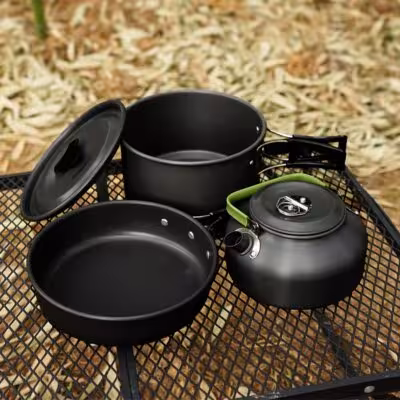 BBQ Non-Stick Cookware, Camping Cookware Portable Nonstick Pot and Pan Set with Kettle Bowls Spoon Spatula for Backpacking 1