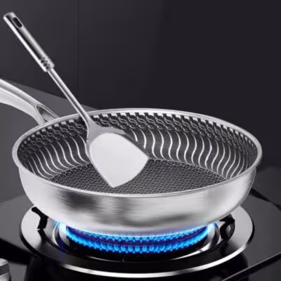 Whole Body Tri-Ply Stainless Steel Frying Pan 316 Stainless Steel Wok Pan Double-sided Honeycomb Skillet Suitable for All Stove 1
