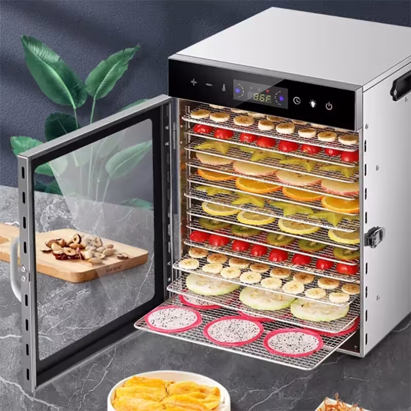 Essiccatore alimentare con timer 24H e illuminazione LED, 800W, 30-90°C, 12 ripiani, spina UE