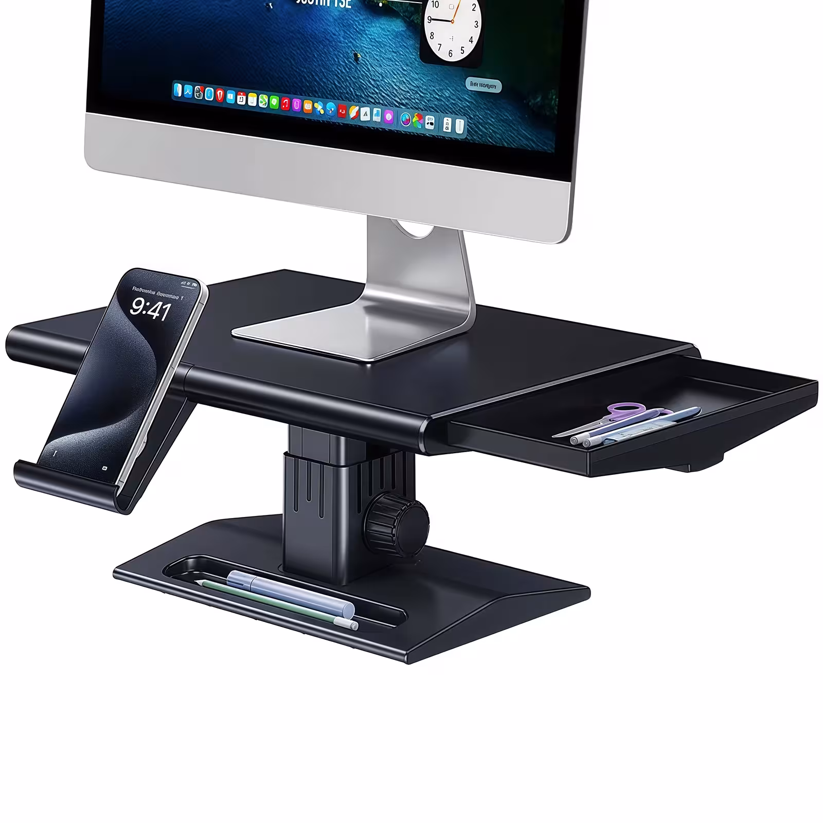 Soporte ajustable para portátil con soporte para teléfono y función de elevación de monitor