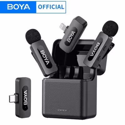 Micrófono inalámbrico lavalier BOYA BY-V3 con cancelación de ruido y estuche de carga para teléfonos