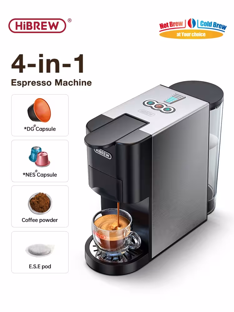 Macchina da caffè HiBREW 4in1 per capsule Dolce Milk, Nespresso, ESE e caffè macinato H3D