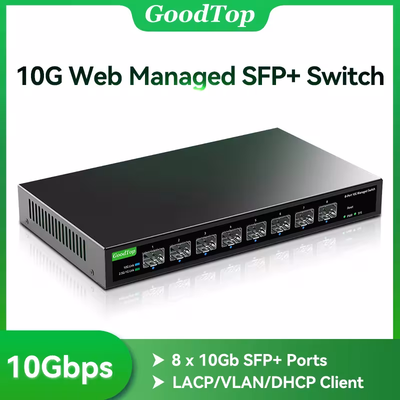 GoodTop 8 ports Managed SFP+ Switch, Network Switch sans ventilateur, LACP/VLAN/DHCP