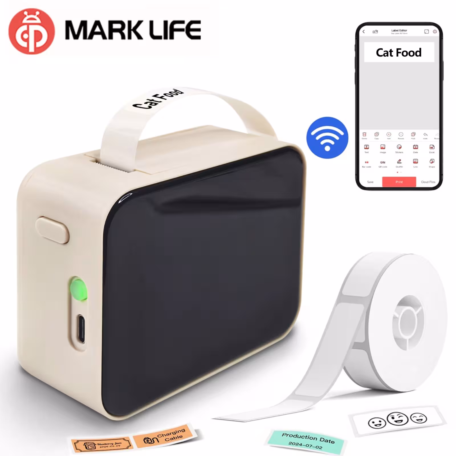 Stampante di etichette portatile Marklife P15 Mini con Bluetooth e 3 rulli