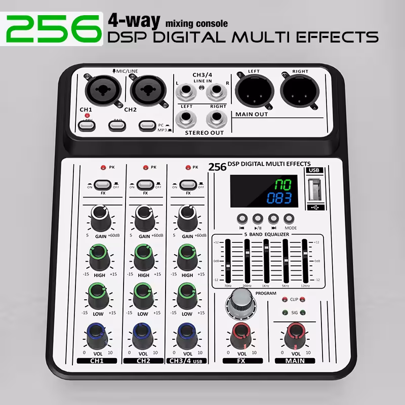 Profesionalus 4 kanalų DJ garso mikšerio pultas su 256DSP, 48V fantomine maitinimo funkcija ir Bluetooth
