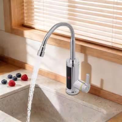 Electric Water Heater Faucet Silver, EU Standard, Bottom Inlet, Flexible Pipes Included, LED Temperature Control, Safe Anti-Leak Design for Kitchen 1
