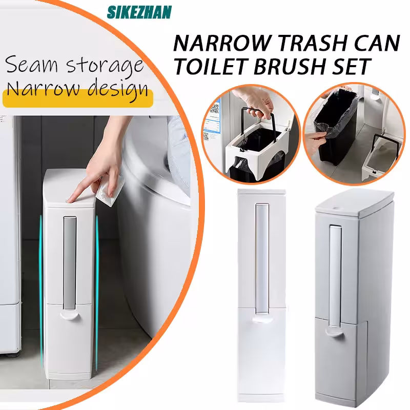 2-in-1 Trash Can and Toilet Brush, Slim Design, Plastic, with Handle