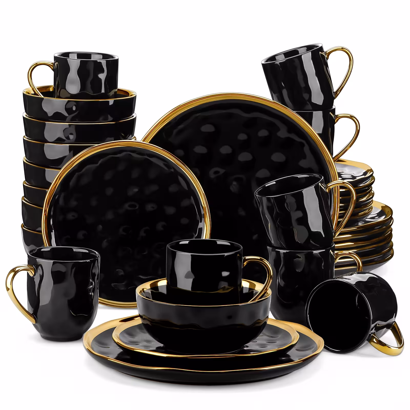 Service de vaisselle en porcelaine noire LOVECASA 16/32 pièces avec bordure dorée