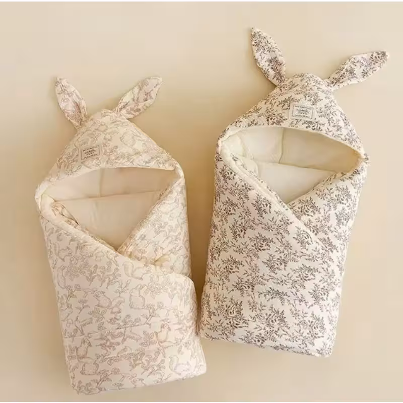 High-quality cotton baby blanket with a rabbit ears design, extremely soft and warm.