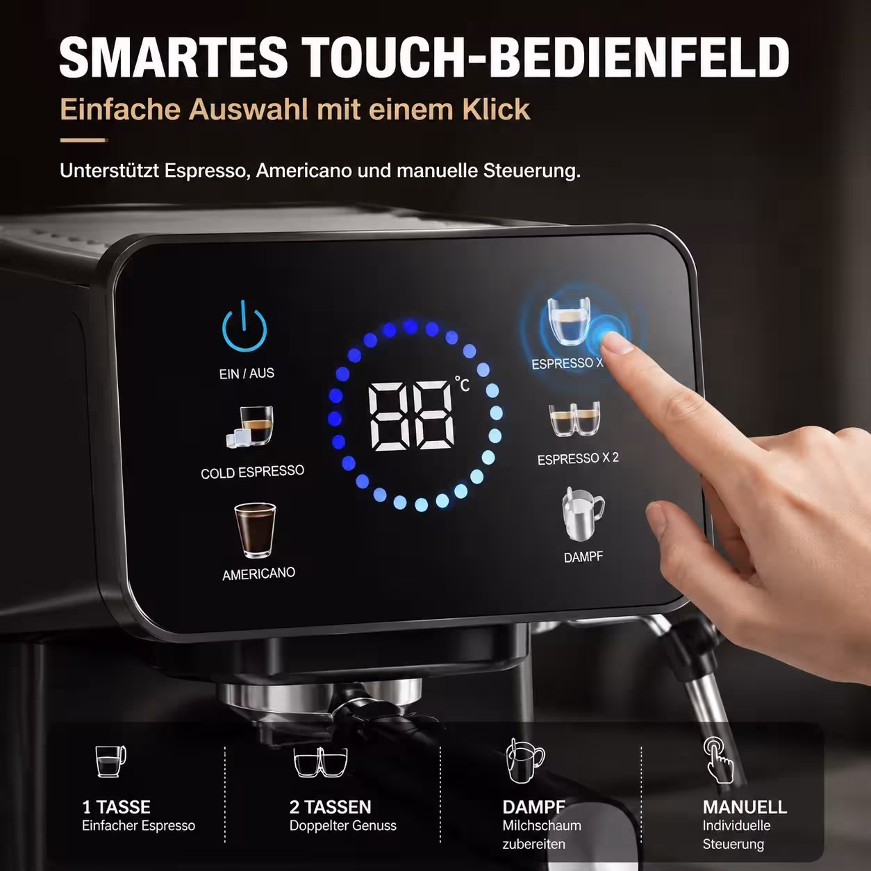 Espresso coffee machine with touch screen