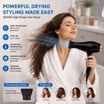 Professional Hair Dryer 2200W with Negative Ion Technology, Adjustable Heat Settings, Cool Air Function, Nozzle Attachment, 100-240V, Black & Gold 1