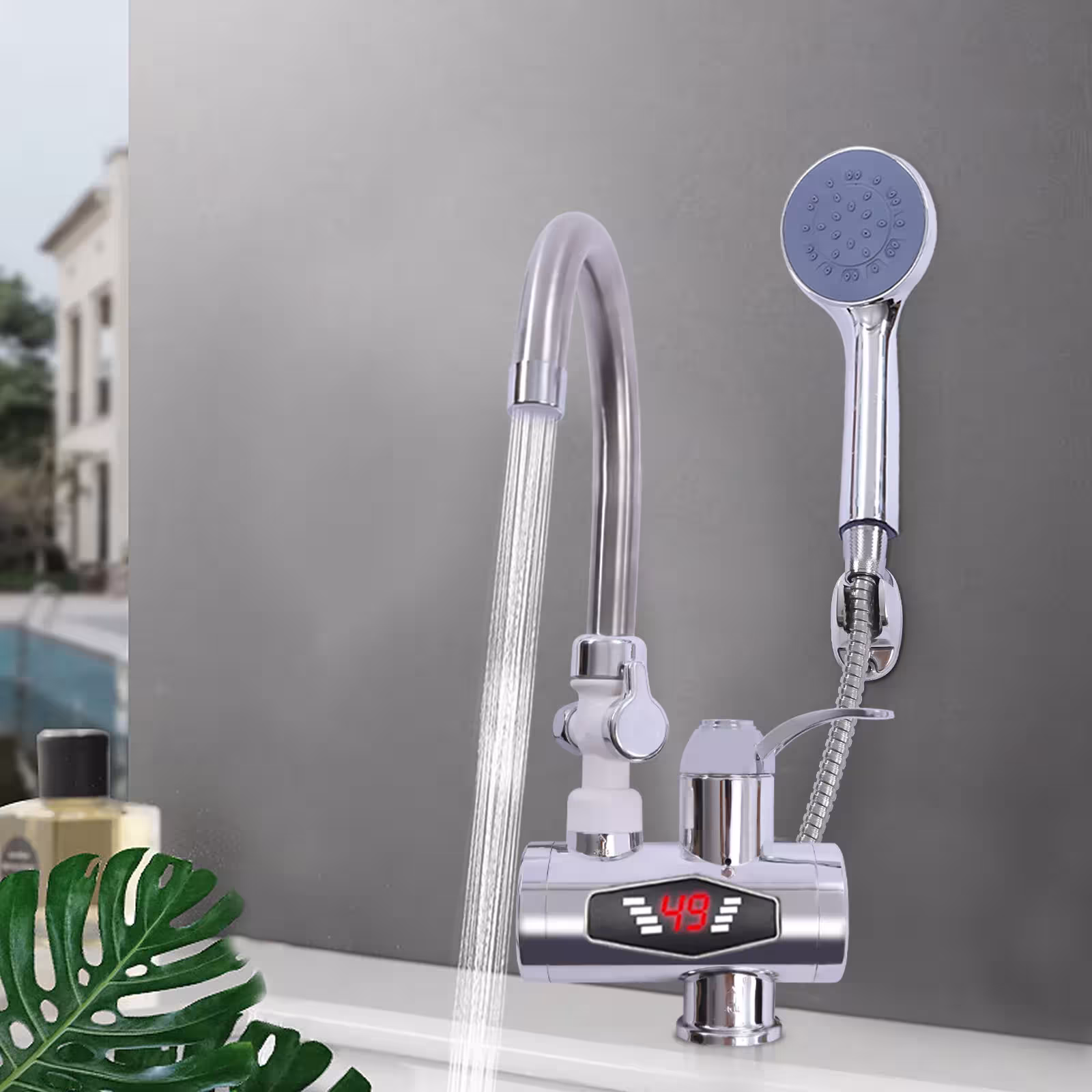 Elektrinis vandens maišytuvas 360° su LCD ekranu 3000W IPX4 ES kištukas sidabrinis