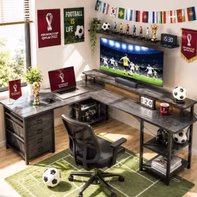 Modern computer desk with a wood-grain surface and metal frame, available in L-shape or straight configuration with a shelf.