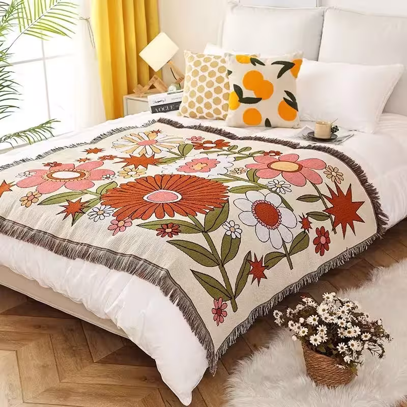 Vintage floral throw blanket with tassels, boho textile blanket for sofa, retro decorative bedspread