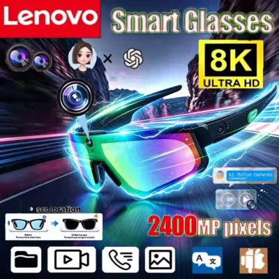 Lenovo smart glasses with an 8K camera, AI translation, and video recording, waterproof.