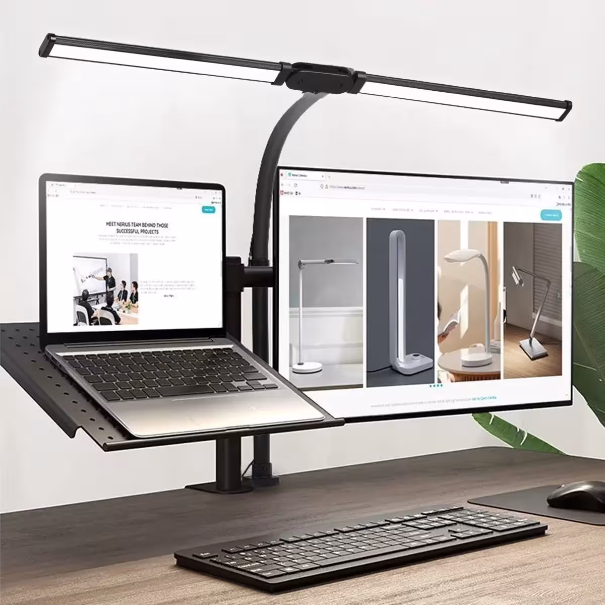 Lámpara de escritorio LED de doble cabezal con cuello flexible, brillo ajustable y control remoto