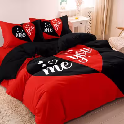 3Pcs Black Red Love Romantic Heart Letter Print Bedding Set Included 1 Duvet Cover & 2 Pillowcase For All-Season Home Dorm Decor 1