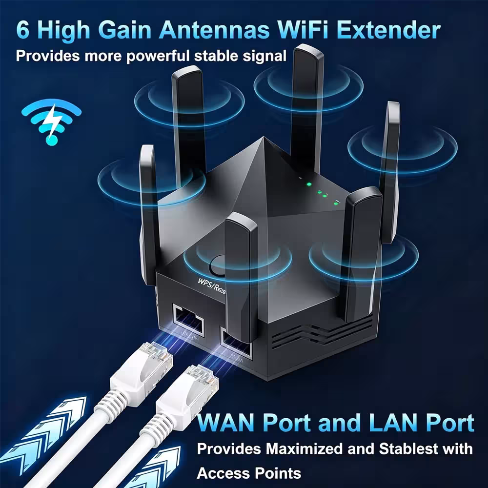 Amplificateur de signal WiFi 1200Mbps avec 6 antennes, double bande
