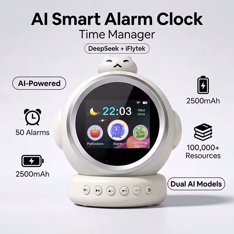 Išmanus AI žadintuvas vaikams su kalbančiu robotu, LED ekranu ir miego treniruotėmis