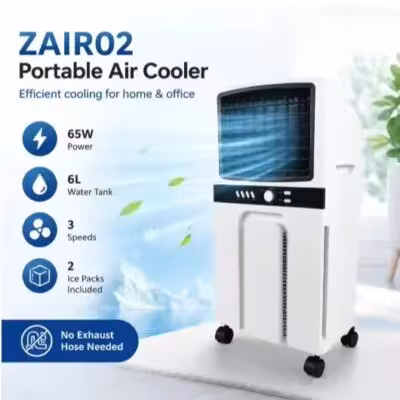 6L Portable Air Cooler 65W Evaporative Air Conditioner 3 Speeds Water Cooling Fan with Wheels for Home Bedroom Office 1