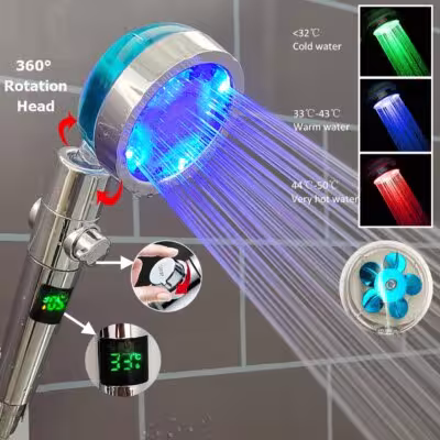 High Pressure Led Shower Head One Key Stop Button Digital Display Screen Black Handheld Shower Temperature Sensor Shower Head 1