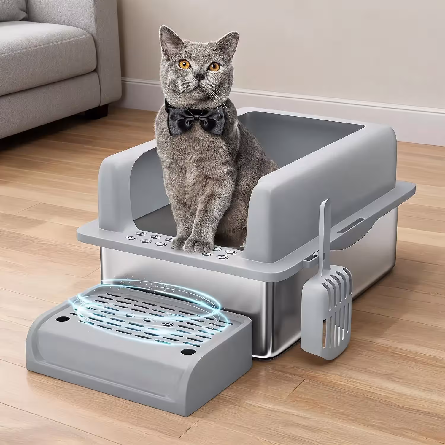 bac à litière pour chats en acier inoxydable