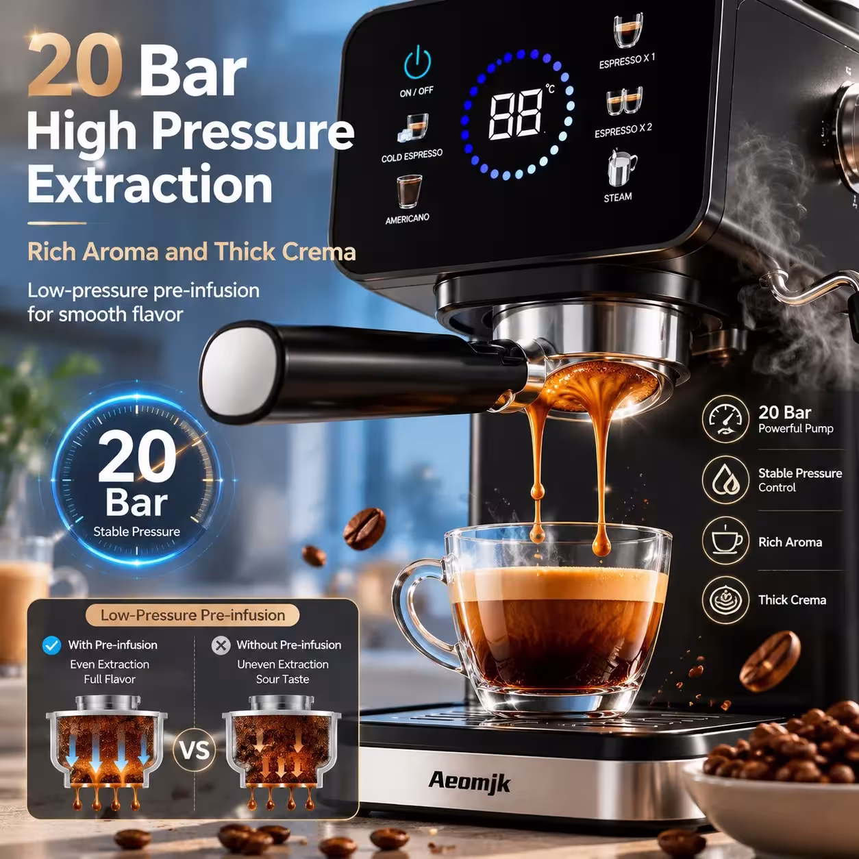 Espresso coffee machine with touch screen