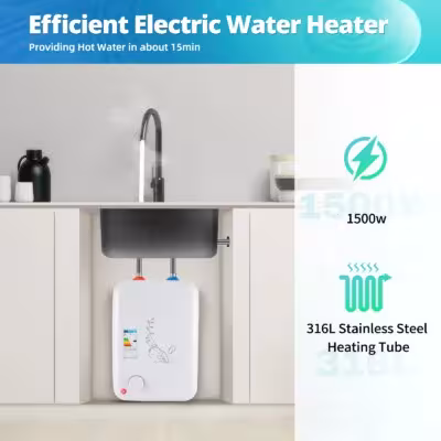 Tankless Water Heater 1500W 220-240V 8L White Under Sink Electric Instant Water Heater Under Sink for Home Kitchen 1