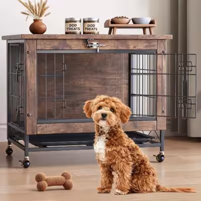 Garvee 26 Inch Iron Wood Dog Crate, Carbon Steel Pet Kennel with Top Opening Door, Double-Sided Paint-Free Density Board Dog Cage, Sturdy Indoor Dog House 1