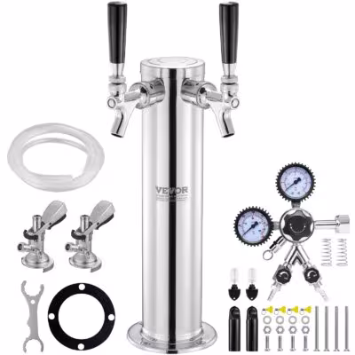 SucceBuy Kegerator Tower Kit Dual Taps Beer Conversion Kit Stainless Steel Keg Beer Tower Dispenser with Dual Gauge 1
