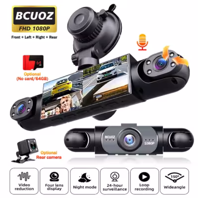 BCUOZ 1080P Panoramic Dash Cam For Cars, 1080P Front+720P Left/Right/Rear 4 Cameras, 3.0" Four-Split Screen Super Night Vision, Loop Recording, G-Sensor, 24H Parking Monitor, Optional 64GB Card. 1