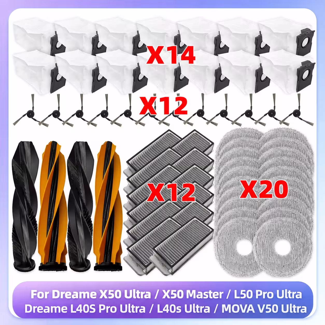 Kit de pièces détachées pour aspirateurs Dreame X50/L50/L40s/MOVA V50 : brosse, filtre, chiffon, sac