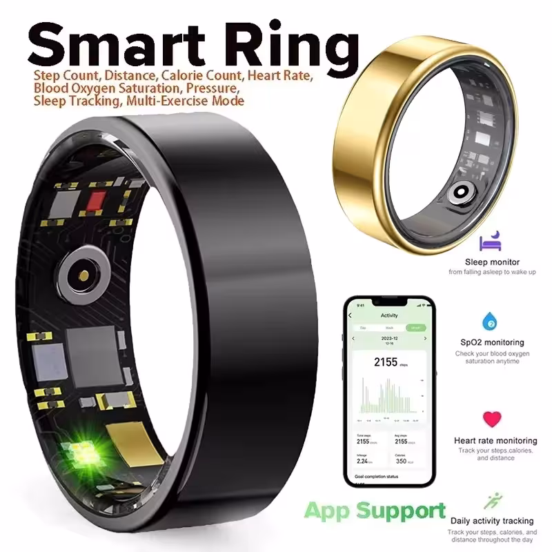 Anello intelligente con monitoraggio della frequenza cardiaca, della saturazione di ossigeno nel sangue e del sonno, resistente all'acqua
