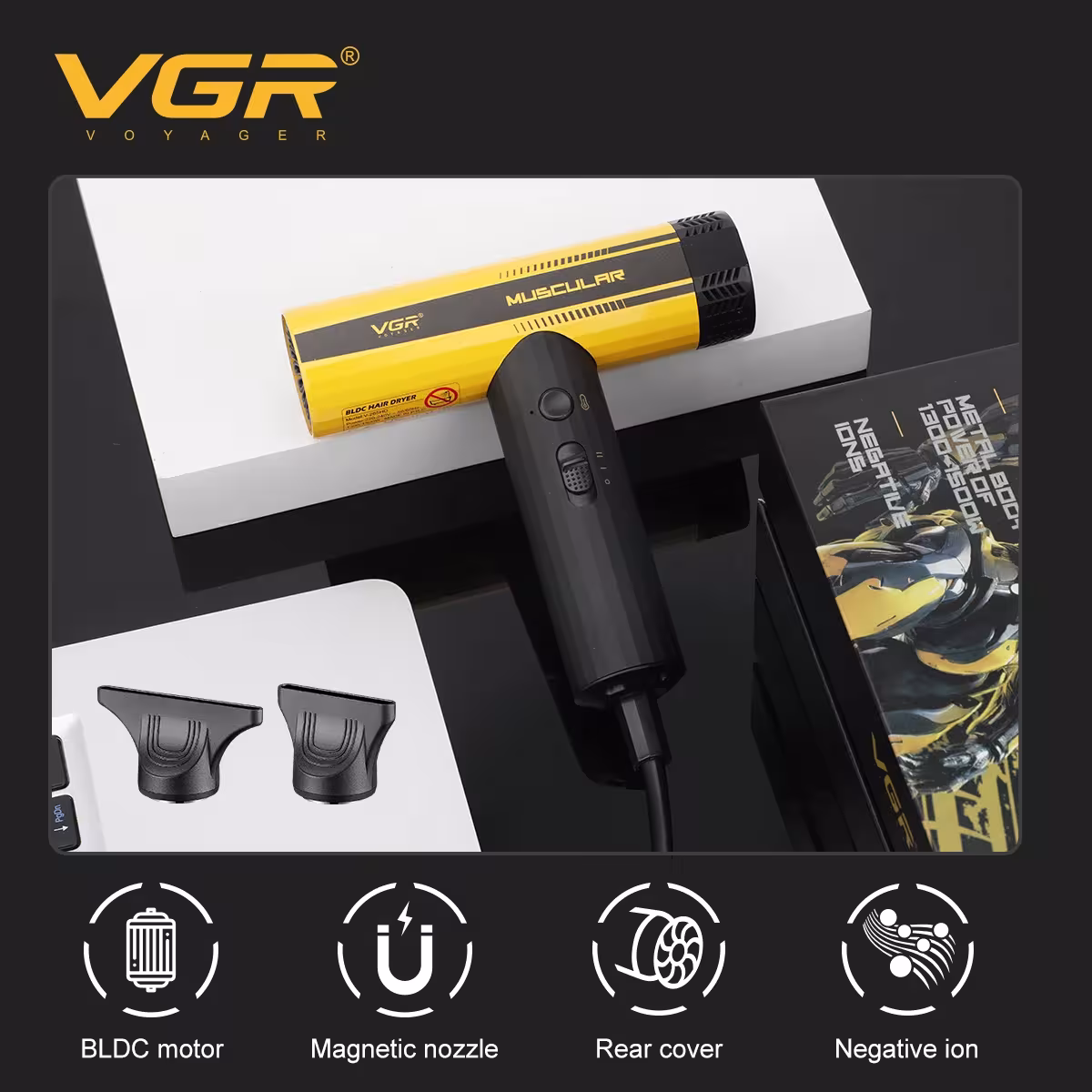 Asciugacapelli professionale VGR V-285, 110000 RPM, con motore brushless e ionizzazione.