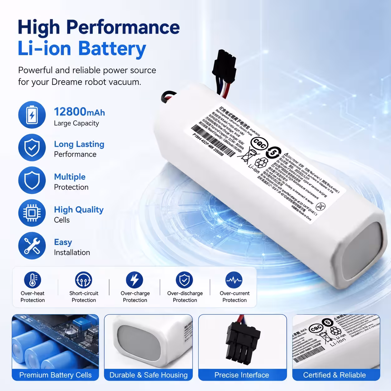 14.4V 12800mAh replacement battery for Dreame D9 F9 L10 Pro Plus RLS3 RLS5 robot vacuum cleaners.