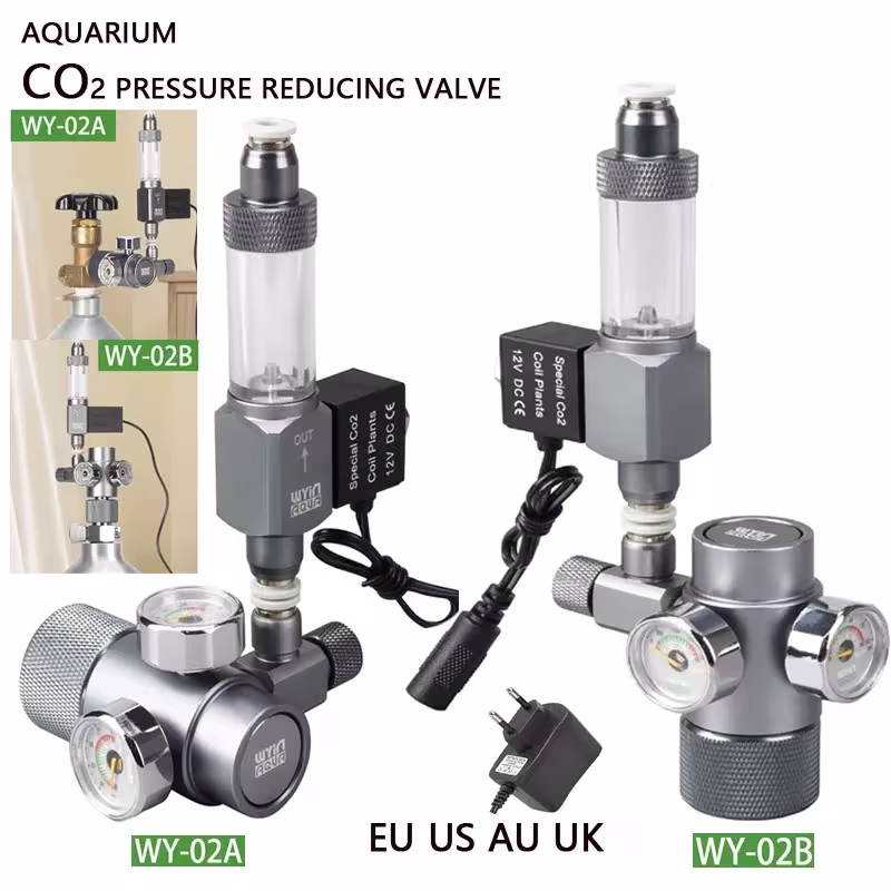 Réducteur de pression CO2 pour aquarium avec raccord rapide, manomètre à bulles et électrovanne