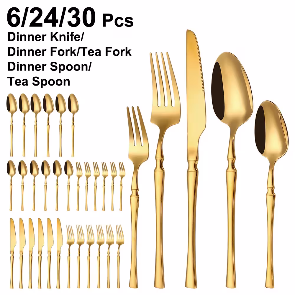 Set of gold-colored, thin stainless steel cutlery, 6/24/30 pieces.