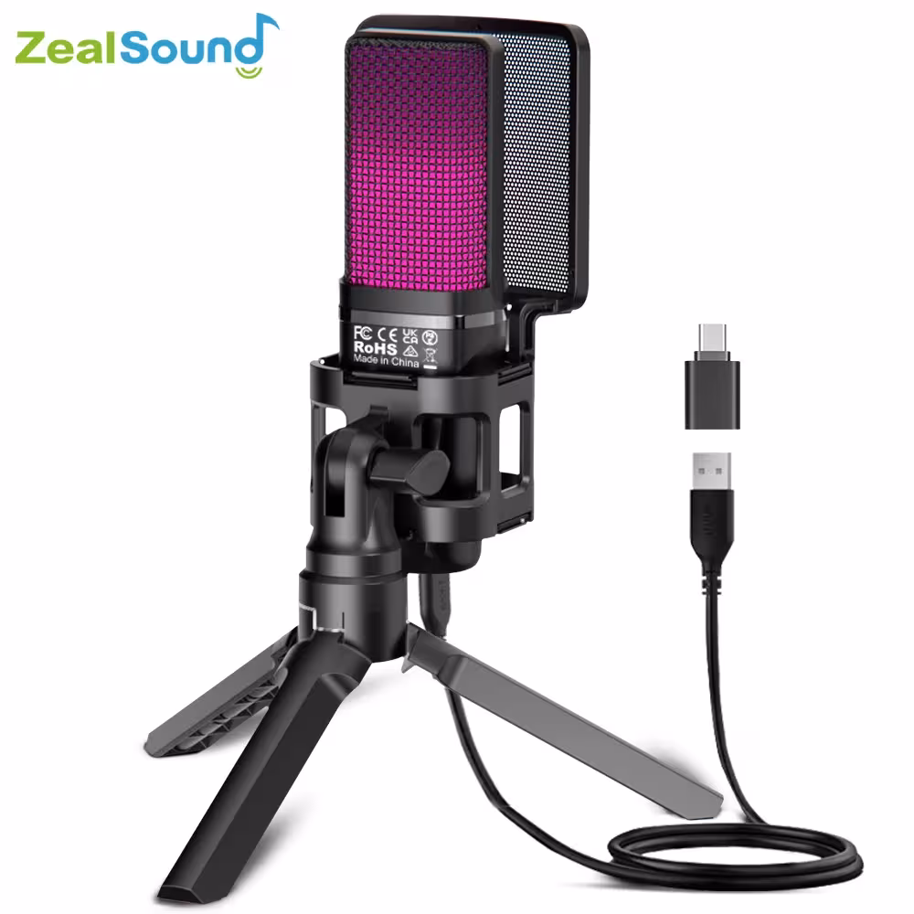 Zealsound RGB USB kondensatorinis žaidimų mikrofonas PC, PS4, PS5, Mac ir telefonui