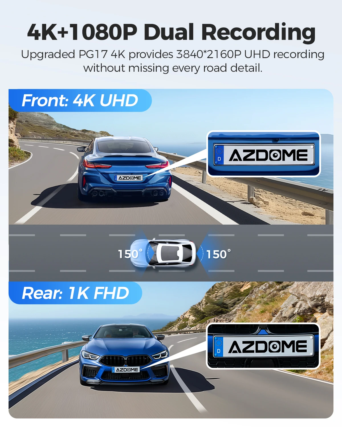 AZDOME PG17 Dashcam de rétroviseur 12 pouces WiFi 4K avant et 1080P arrière